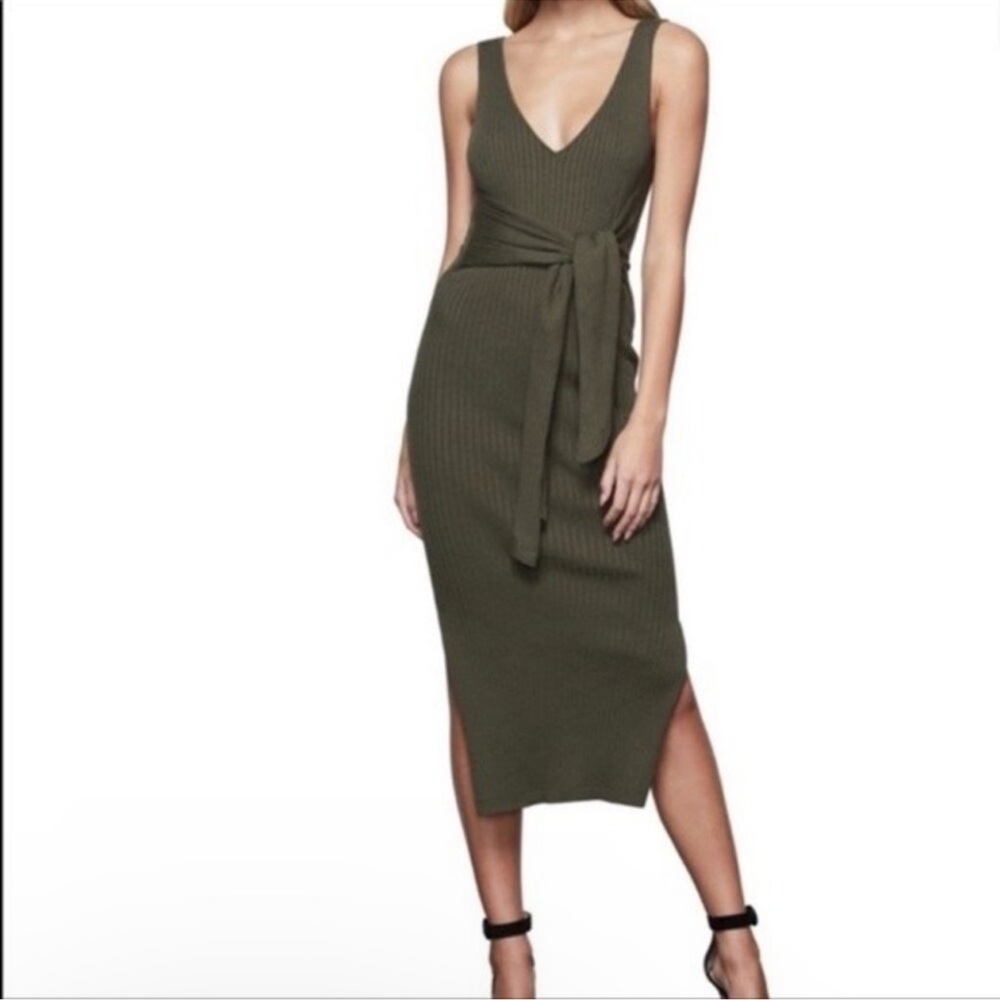 Good American Green Belted Body Ribbed Bodycon Sleeveless Knit Dress Size 2